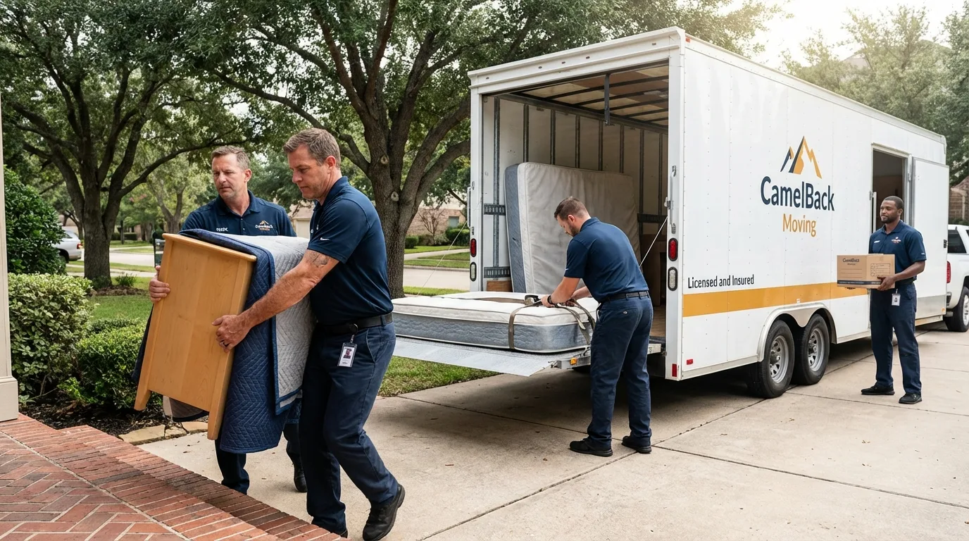 Crew loading residential truck for cross-state move from Clute, TX