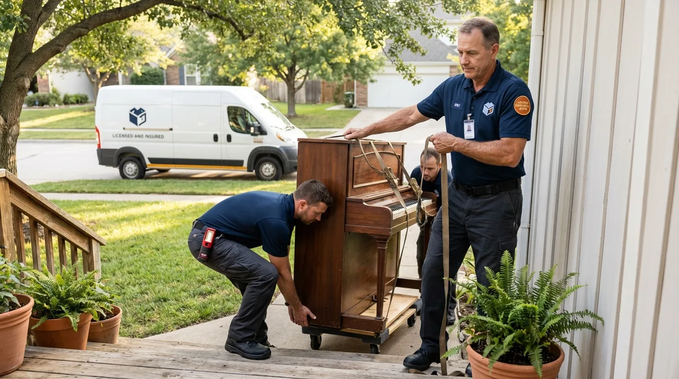 Licensed piano movers securing grand piano in Clute, TX