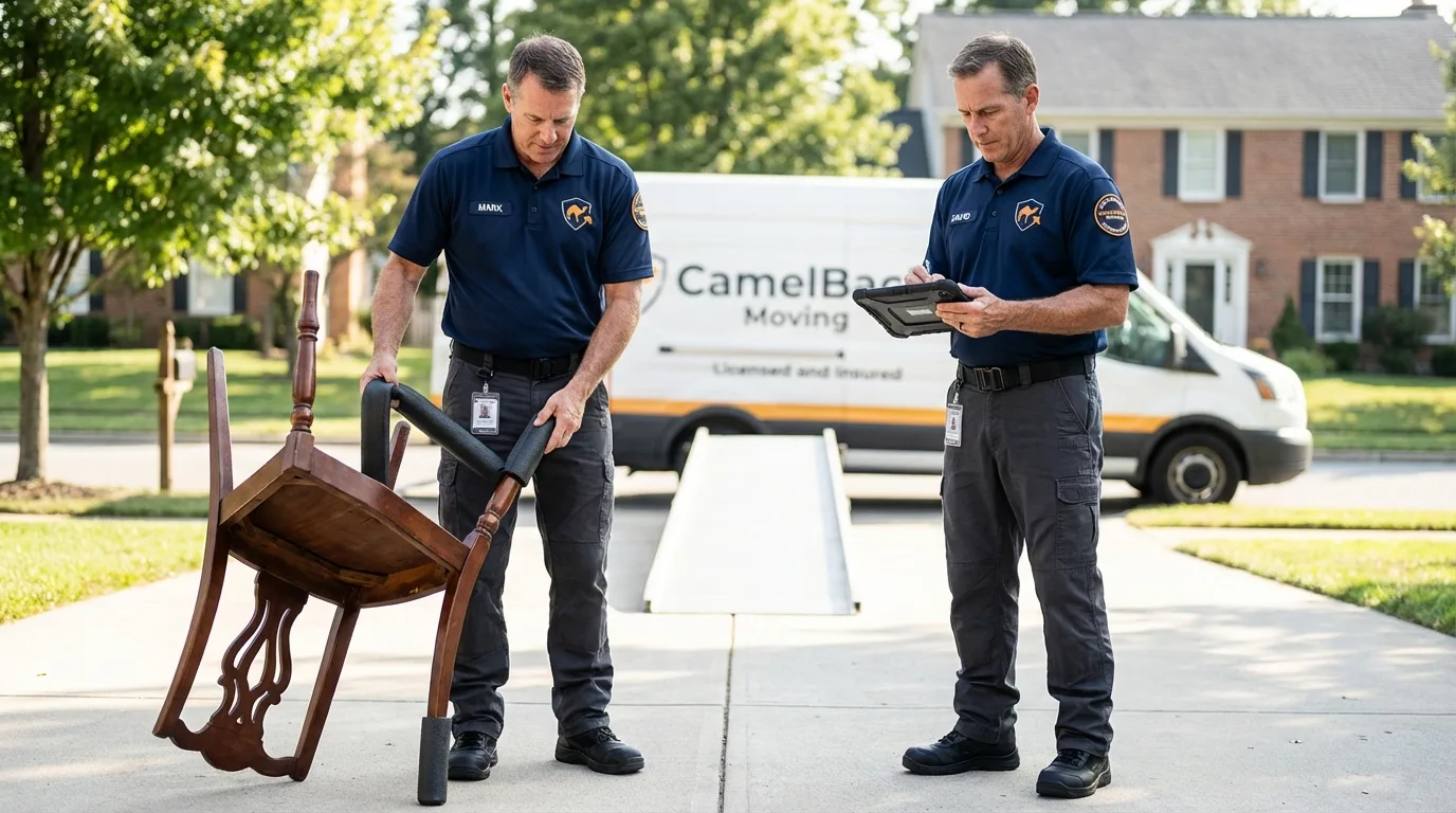 Movers inspecting furniture for damage prevention before loading in Clute, TX
