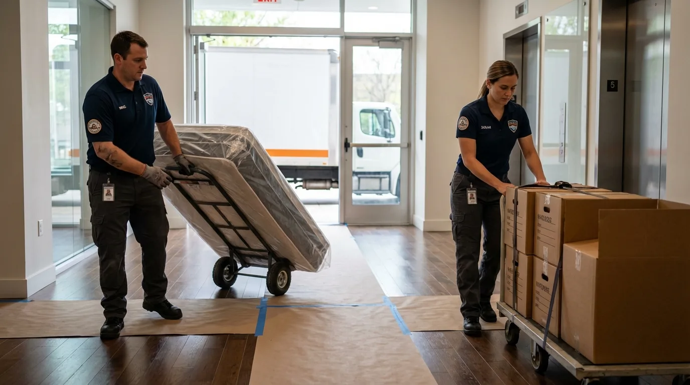 Professional apartment movers loading elevator in Clute, TX